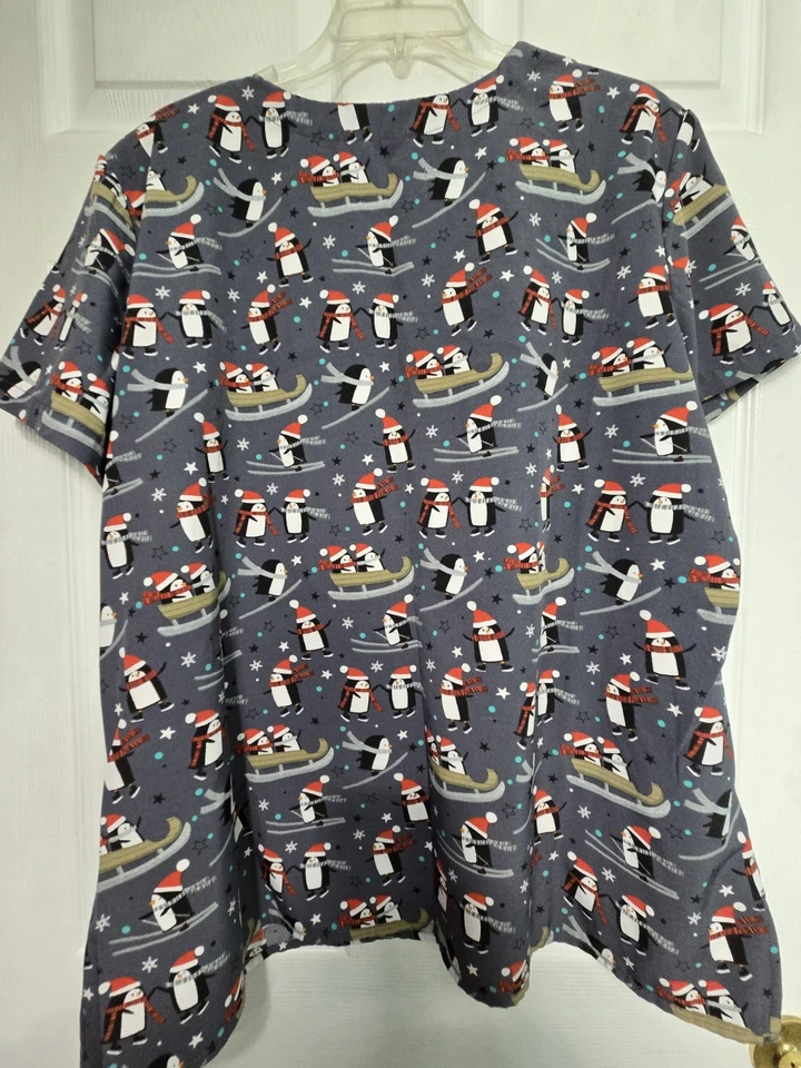 WHITE CROSS Scrub Top size XL-CHRISTMAS Penguin/Santa Hats-Chest 27"/L 28.5" - Image 2 of 4