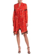 Derek Lam 10 Crosby Red Black Floral Print Silk Long Sleeve Dress Size 8