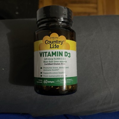 Country Life Vitamin D3 125 mcg 5,000 IU 60 Softgels Gluten Free EXP 9/2029