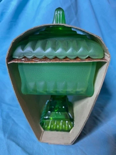 Vintage Jeanette Glass Wedding Bowl & Cover Footed Candy Dish Frosted Green