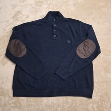Chaps Sweater Men's Large Blue Henley Embroidered Crest Elbow Patches Mock Neck