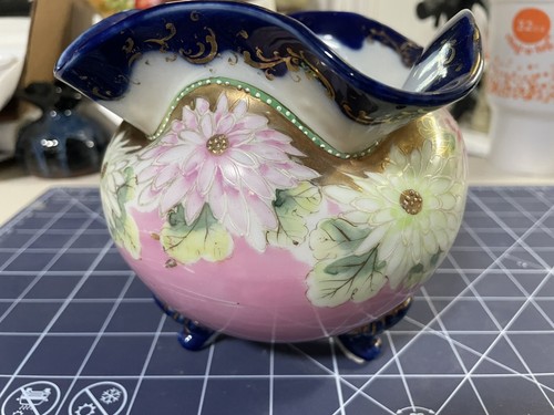 1890 NIPPON Cobalt Mums Tri Footed BOWL MORIAGE DOTS RUFFLED RIM - Picture 1 of 8