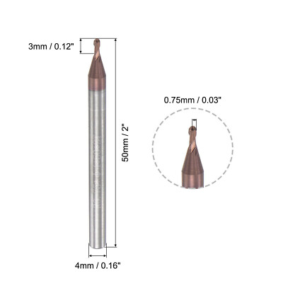 0.75mm Radius 50mm Long HRC55 Carbide AlTiSin Coated 2 Flute Ball Nose End Mill