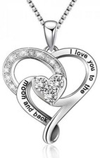 Sterling Silver I Love You to the Moon  Back Heart Pendant Necklaces for Women