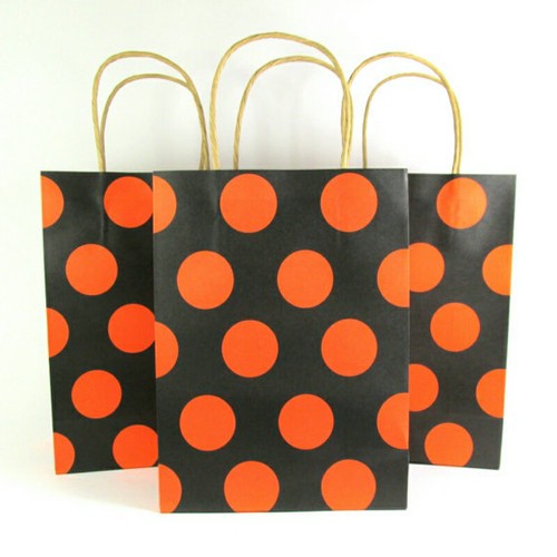LDW 9 Black Orange Polka Dot Kraft Handle Paper Party Favor Wedding Gift Bags - Picture 3 of 3
