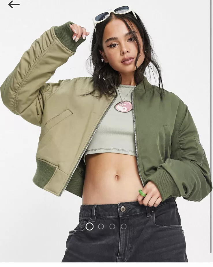Topshop cropped half and half contrast bomber jacket in khaki size