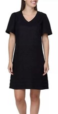 Nicole Miller Original Black Pleated Linen Blend  V Neck Shift Dress Short  Sz M