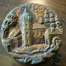 Large Antique Picture Button Brass Metal Old English Manor C265