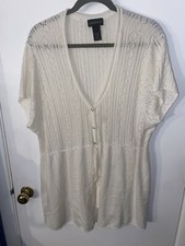 Lane Bryant 26/28 Acrylic Sheer White Knit Sweater Long Swing Tie Front DEEP V