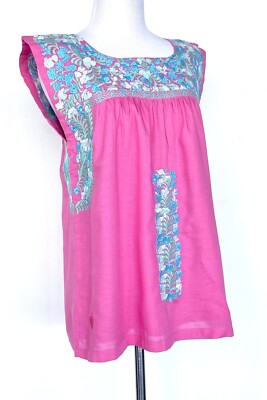 J Marie embroidered Linen Hannah Top size S Retail $102 Price $56 Pink Blue
