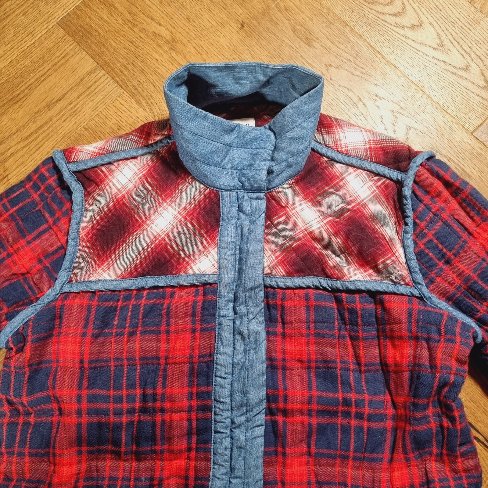 GAP Plaid Patchwork Quilted Jacket Red Self Tie B… - image 7