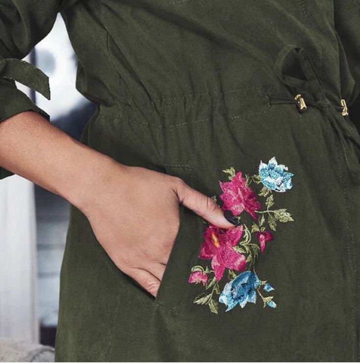 AVON Womens Coveted Floral Embroidery Military Utility Jacket Khaki Green UK 6/8 - Image 3 of 4