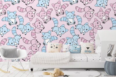 3D Blue Pink Cartoon Cat Pattern Self-adhesive Removable Wallpaper Murals