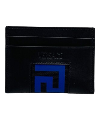 VERSACE Greca Card Case Holder Slim Wallet Greek Key  Lether Black x Blue  Men