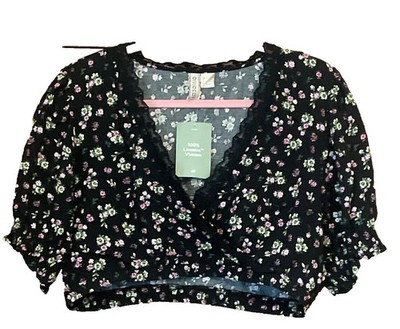 H&M Gr. 18 Divided Schwarz Rosa Blumen Kurzarm Cropped Crop TOP Sommer