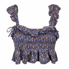 Natural Life Blouse Womens M Blue Floral Smocked Ruffled Cropped Boho Top Witchy