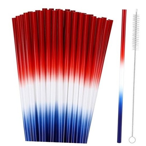 30 Pcs 4th of July Straws, Reusable Plastic Patriotic Straw Red White Blue