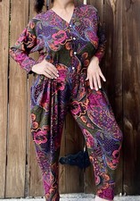 Vintage 90s Roman Rayon Paisley Jumpsuit XL Boho Button Front Made in USA
