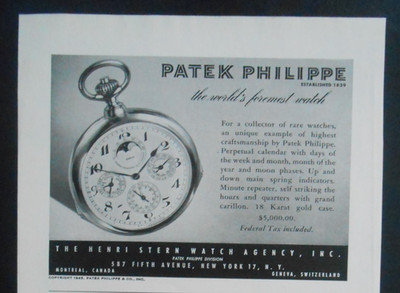 1947 Patek Philippe Perpetual Calendar men's pocket watch Henri Stern NYC NY ADS