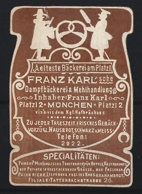 Reklamemarke München, Franz Karl Bäckerei, Brezel und Bäcker 