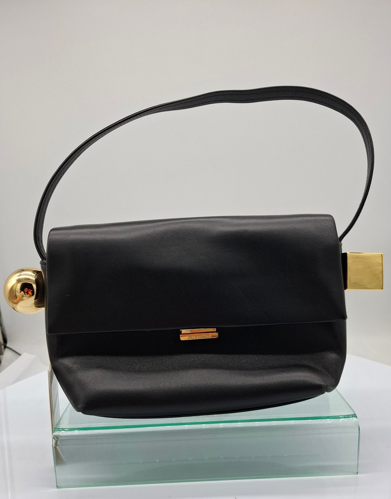 JACQUEMUS ROND CARRE WOMENS SHOULDER BAG BLACK LEATHER GOLD ACCENTS RRP £1030 AD