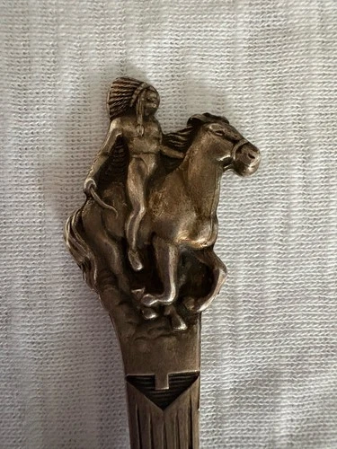 Vintage Indian Chief Warrior Wibaux, MT Sterling  Souvenir Spoon Weapons Hatchet