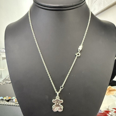 TOUS 925 Sterling Silver Signed Teddy Bear Charm Pendant Cable Necklace