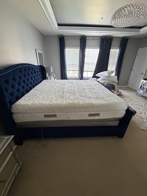 Blue Velvet Tufted Upholstered King Bed Frame Nailhead w/ myBOB Memory Foam