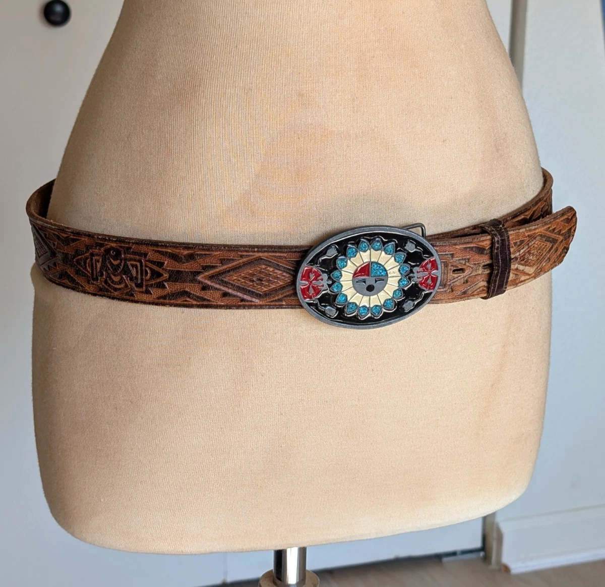 Vintage Buffalo Leather Braided Belt With Floral Silver Tone Buckle, 34\