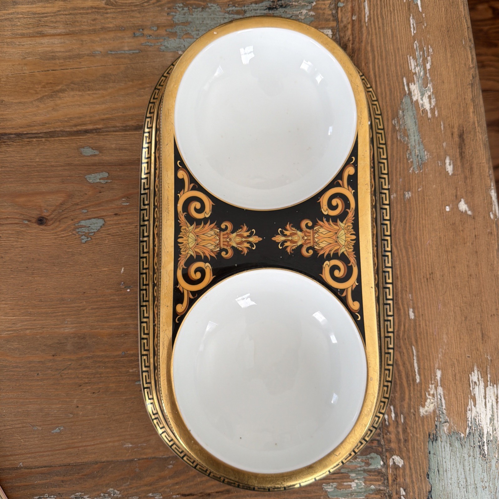 Water Dish Bowl Black Gold Vtg