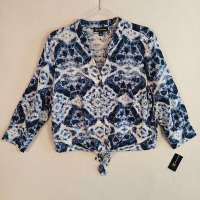 INC Women's Waist Tie 3/4 Sleeve Tie-Dye Button-Up Blouse Size L Blue NWT