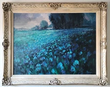 Vintage Large Oil Painting 40x50 Bluebonnet Landscape Signed Ramon Framed
