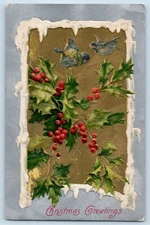 Christmas Postcard Greetings Holly Berries Birds Winsch Back c1910's Antique