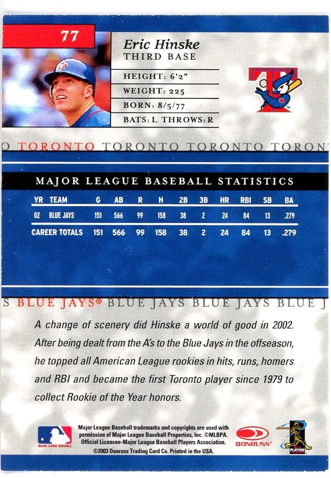 2003 Donruss Elite - Eric Hinske #77 - Image 2 of 2