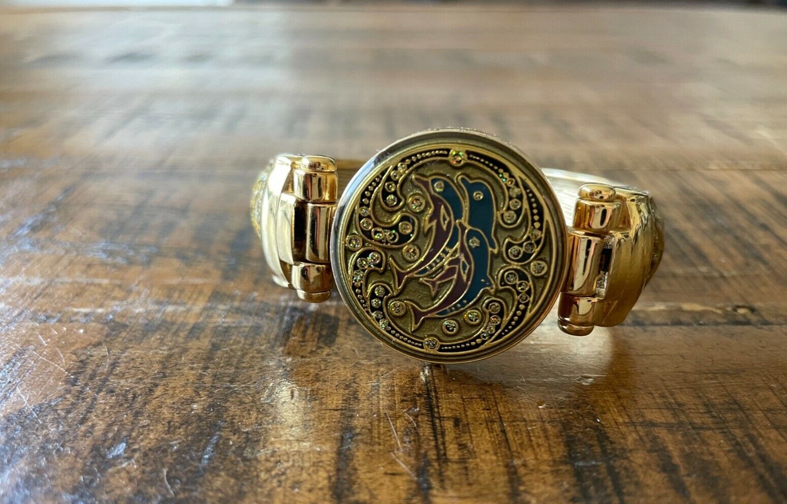 Vintage Cardin Women Dolphin Locket Watch, Gold Tone