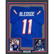 Framed Facsimile Autographed Drew Bledsoe 35x39 New England Blue Reprint Jersey