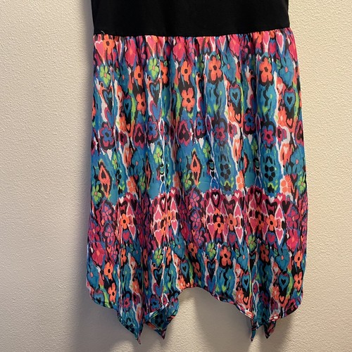 Faded Glory Girl Black Floral Ruched Mini Dress Neon Colorblock Size L 10-12 - Picture 4 of 14