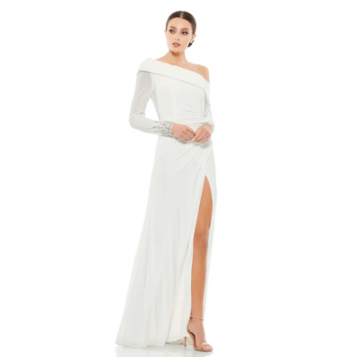 NWT Mac Duggal White Beaded Cuff Drop Shoulder Faux Wrap Gown Size 10 US $398