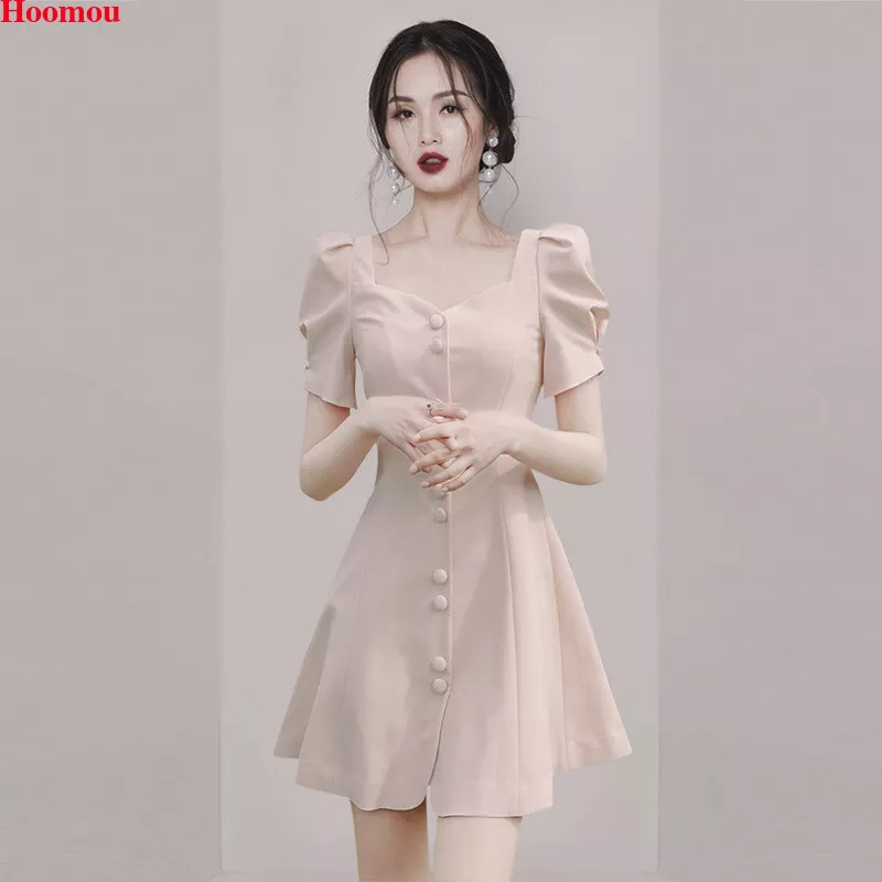 Elegant Korean Women Puff Sleeve A-line Summer Casual Party Cocktail Mini  Dress