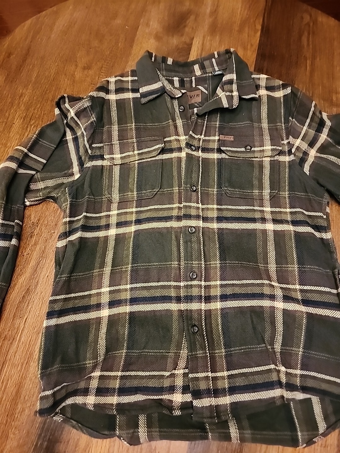 Orvis heavyweight green plaid flannel shirt jacket for men with 4 pockets size M-image