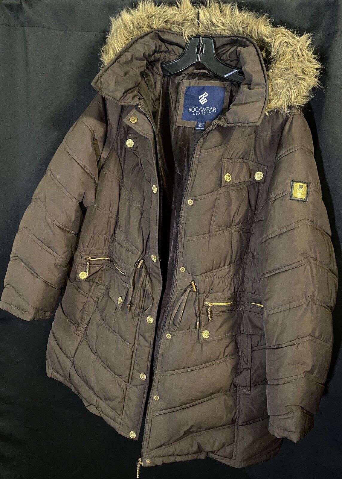 VTG Y2K Rocawear Brown Puffer Jacket Coat Fur Hoo… - image 1