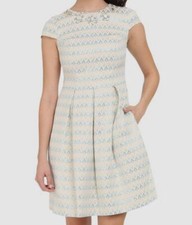 Vince Camuto Women's Blue Beige Embellished Key Hole Fit & Flare Dress Size 10