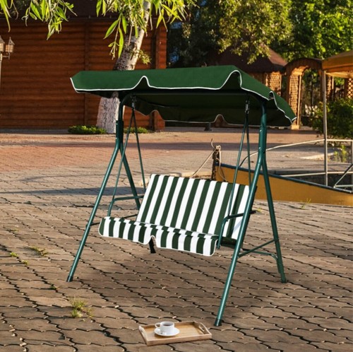 Patio Swing Glider 2-Person Loveseat Cushioned Steel Frame Green Striped Canopy - Picture 2 of 6