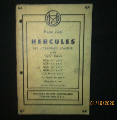 HERCULES QX SERIES SIX 6 CYLINDER ENGINE PARTS LIST BOOK MANUAL ORIGINAL 1949