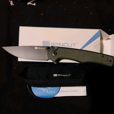 Sencut Crowley button lockKnife 3.48'' blkD2 Steel Green Micarta Handle S21012-3 