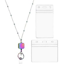 Square Badge Necklace Lanyard with 1 Set ID Holder, Rainbow Color