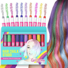 GirlZone Hair Chalks Set, 10-Piece Temporary Hair Chalk For Kids, Easy to Apply