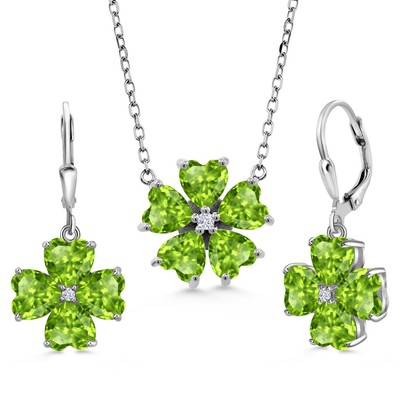 925 Sterling Silver Peridot and Zirconia Pendant Earrings Jewelry Set For Women