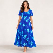 Vintage Radcliffe Dress Womens 16 Blue Floral Maxi Tie Back Rayon Short Sleeve