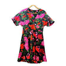 Zara Dress Womens A-line Mini Size XS Black Red Pink Floral Short Sleeve V-Neck